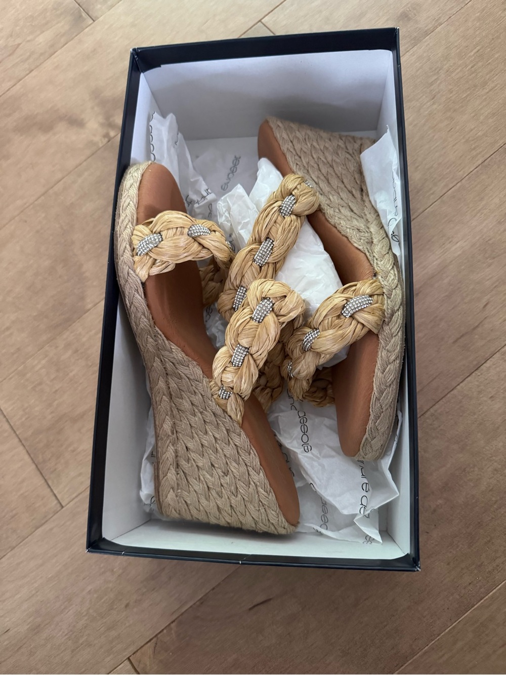 Andre Assous Tan Braided Espadrille Wedge Sandal with Metallic Accents